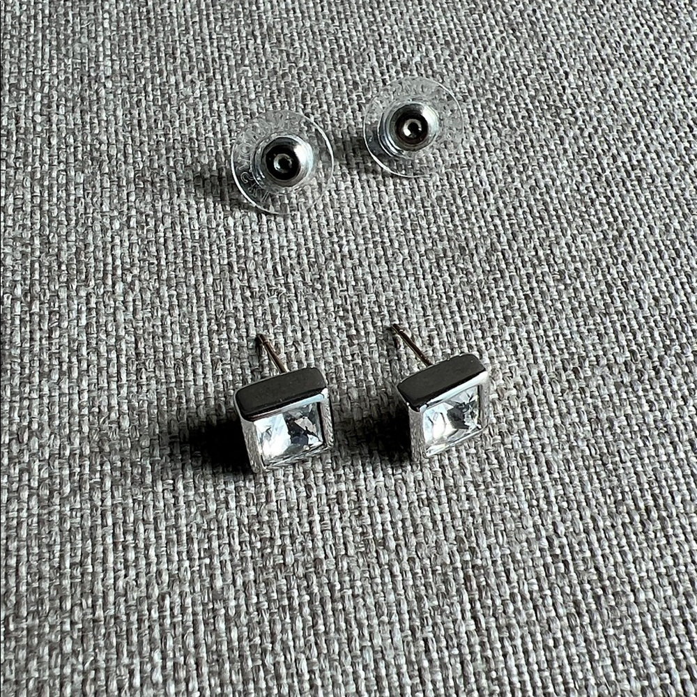 Swarovski | Vintage Crystal Emerald Cut Silver Tone Casing Pierced Earrings - Picture 6 of 9